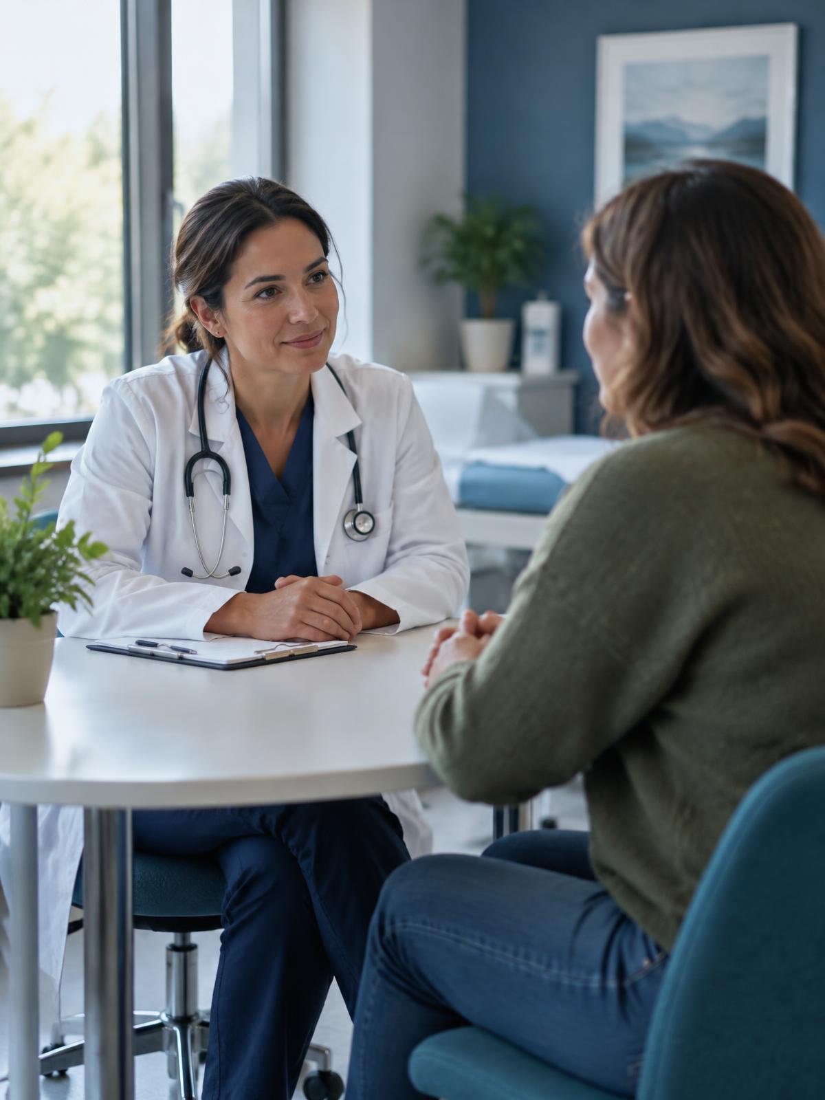 Practitioner in a white coat talking with a patient in a bright consultation room